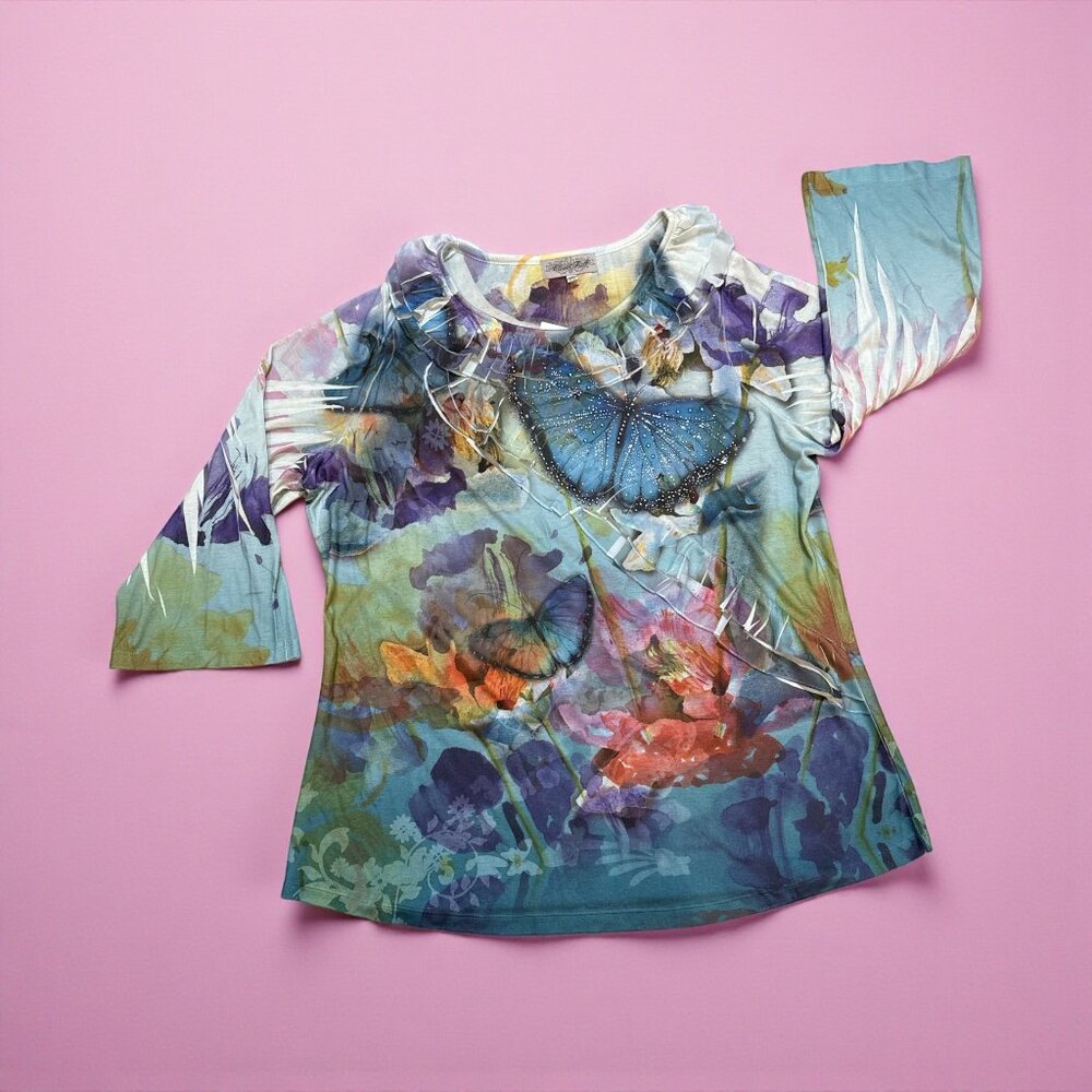 Closet Full Size XXL Blue & Green Butterfly & Floral Boho Art Tunic Top
